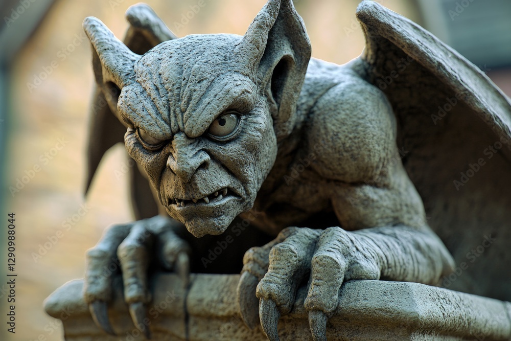 Poster a stone gargoyle sits atop a building, adding architectural interest and whimsy to the structure