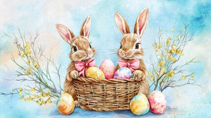 Easter cute bunnies with basket full of colorful eggs, watercolor children's illustration, easter card