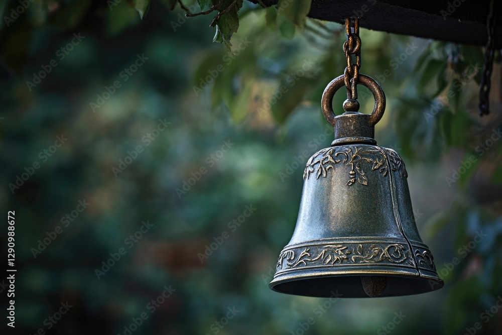 Poster A metal bell hangs from a tree branch, surrounded by greenery and possibly in a forest setting