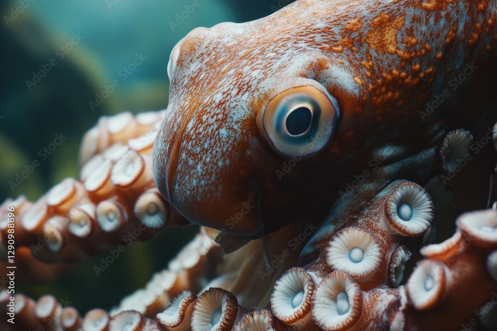 Poster A close-up view of an octopus's head with its eyes open, showing its distinctive features
