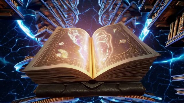 An ancient magical book glowing with cosmic energy, floating in a vast intergalactic library that stretches across galaxies with infinite knowledge.

