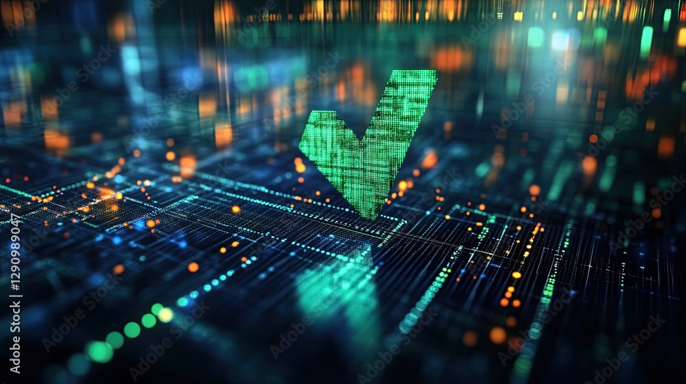 Poster abstract green checkmark icon with business analytics background, charts and graphs