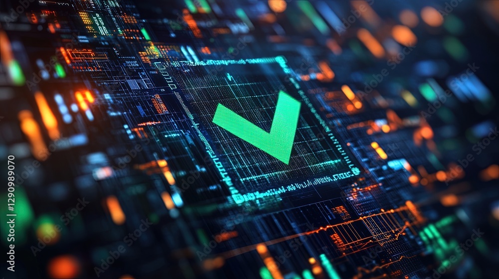 Poster abstract green checkmark icon with business analytics background, charts and graphs