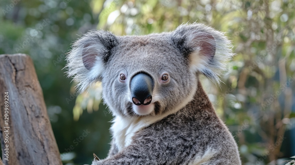 Poster a close-up shot of a koala bear sitting on a tree branch, looking directly at the camera