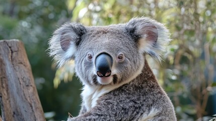 A close-up shot of a koala bear sitting on a tree branch, looking directly at the camera