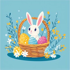 Easter card in pastel colors: cute bunny and colorful Easter eggs and flowers on blue background