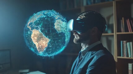 Man wearing VR headset, experiencing virtual Earth globe.