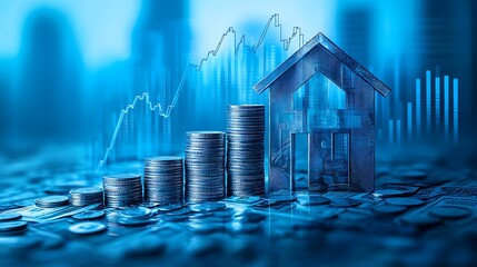 Financial Growth with Coins and Dollar Bill Roof, Stacks of coins arranged in ascending order with a dollar bill roof and upward arrow