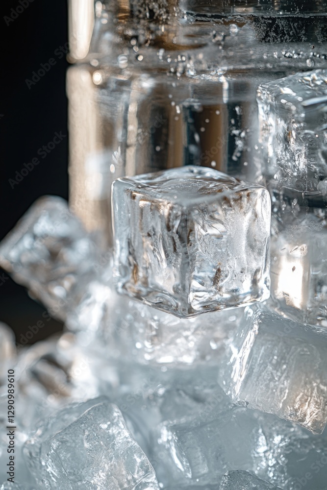 Poster close-up shot of ice cubes on a table, ideal for use in food or drink related compositions
