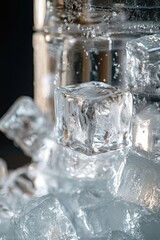 Close-up shot of ice cubes on a table, ideal for use in food or drink related compositions