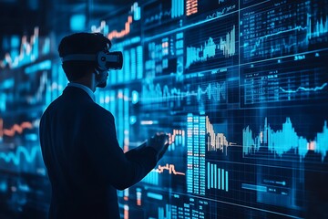 Businessman in VR using Data Analysis Interface