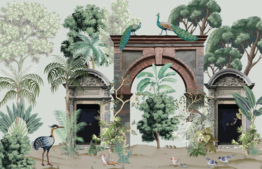 Tropical mural wallpaper , Mughal wallpaper,Tropical Palm Trees Natural Wall Mural Design, Peacock, Birds. © Sharif