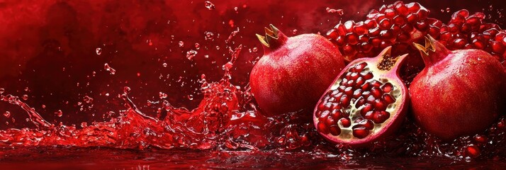 Fototapeta premium Flying pomegranate seeds with juice splashes on Rich Ruby Background