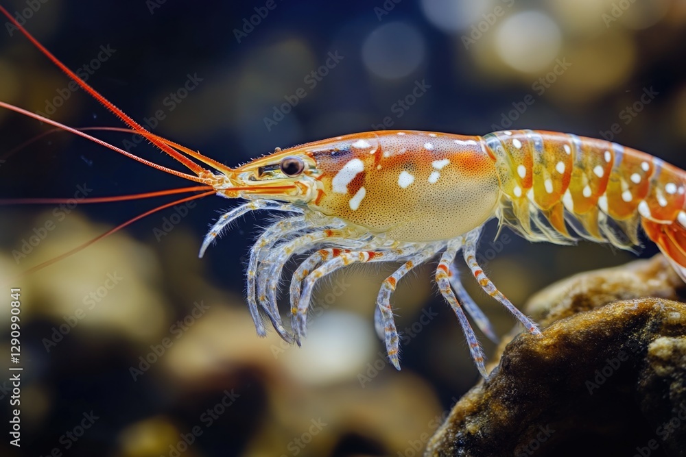 Poster a close-up view of a small shrimp sitting on a rocky surface