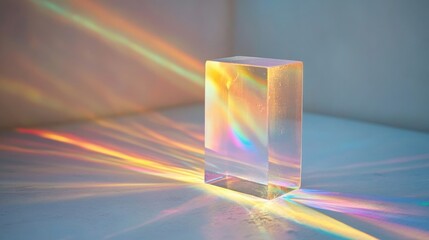 A prism diffracting light creating spectral colors on surfaces in light