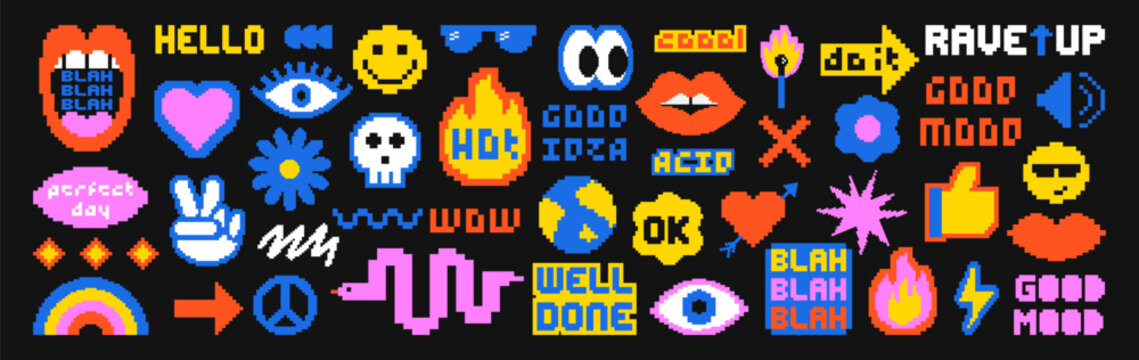 Pixel art stickers set. Template for a set of stickers, greeting cards, posters, planners. Vector collection of pixel illustration and quoters