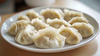 A plate of freshly steamed dumplings with a glossy sheen