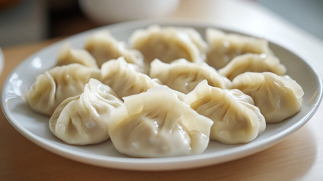 A plate of freshly steamed dumplings with a glossy sheen