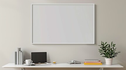 Fototapeta premium A white rectangular frame above a hallway console table with a cup of tea, a laptop, and a couple of books HD 8K mockup wallpaper Photographic Image