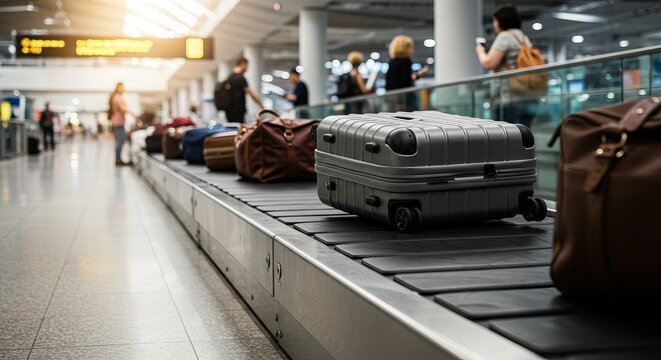 Airport baggage claim conveyor belt with various suitcases. A muted, hyperrealistic image of a busy airport baggage claim area. Different colored suitcases of varying shapes and sizes are lined 