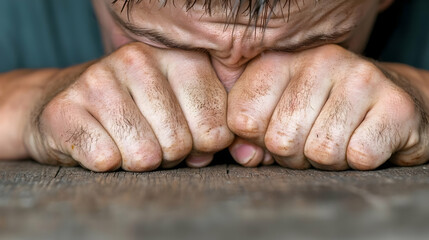 Fototapeta premium Man's hands clenched, despair, close-up, wooden surface, stress