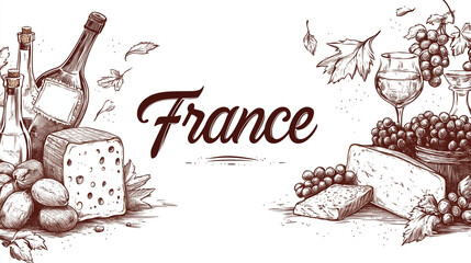 French Culinary Heritage – Baguettes, Cheeses, and Vineyards with Hand-Lettered "France" Typography in Brown for Elegant Branding Designs
