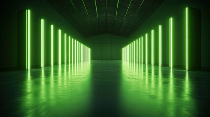 futuristic green neon lit warehouse interior.