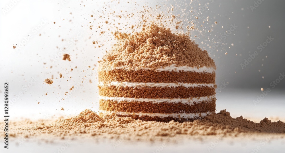 Poster close-up of crumbled cake with layers and fine dusting, capturing texture and details in a gourmet d