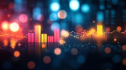 Vibrant Financial Charts, Modern Data Visualization With Glowing Lines and Bars on Dark Background