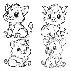 Cute Cartoonic Wild Boar Sitting Pose Silhouette on White Background