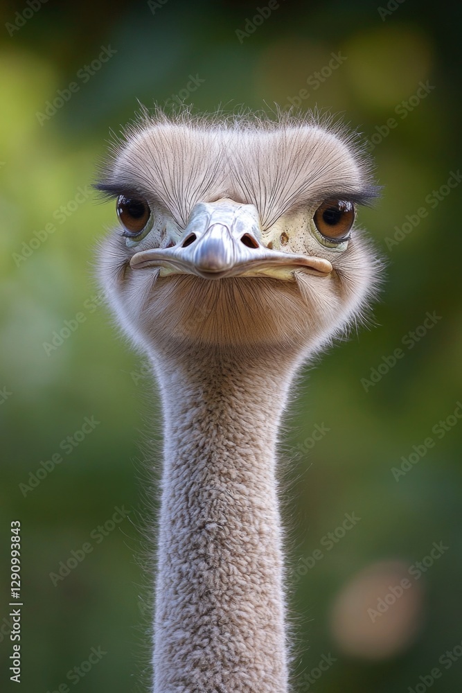 Poster a close-up of an ostrich looking directly at the camera, with a blurred out background
