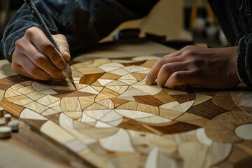 handmade theme : close up  hands in process of work, marquetry with wood