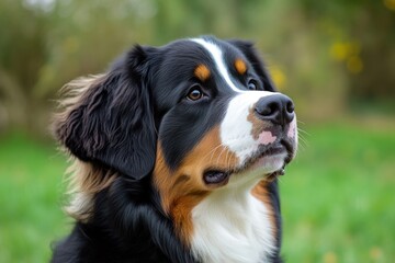 Close-up shot of a dog's face in a green grassy environment
