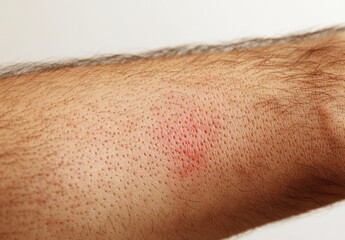 Close-up of Human Skin Showing Hair Follicles and Red Irritation on Arm, Capturing Natural Texture and Condition of Dermis in Indoor Environment