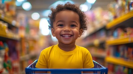 In a vibrant toy store, a joyful mixed-race toddler beams with delight while seated in a shopping cart. Surrounded by shelves filled with colorful toys, the playful atmosphere radiates happiness