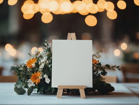 blank sign on table at event with floral arrangement.