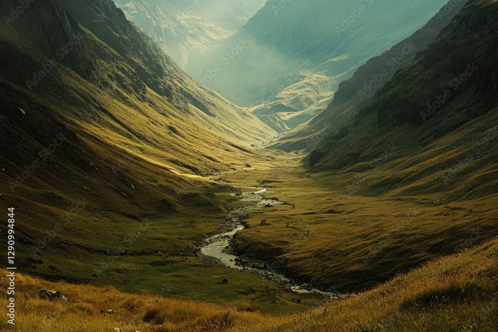 Poster a serene valley with a gentle river flowing through it, surrounded by greenery and hills