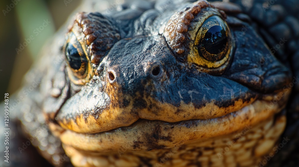 Poster a close-up shot of a frog's face with a blurred background, perfect for use in wildlife or nature-th