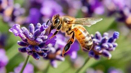 Bee hovers above vibrant purple lavender flowers on a sunny day in a natural garden setting