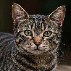 Close-up Photograph of a Tabby Cat with Striking Green Eyes Perfect for Pets and Animals Blogs