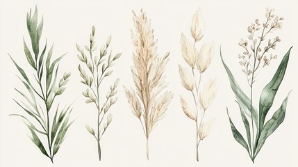 Fototapeta premium Watercolor Floral Set, Light Green and Beige Grasses, Airy Design, Subtle Details for Design