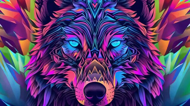 Vibrant abstract wolf animation showcasing intense neon colors and geometric patterns