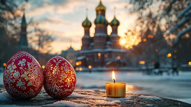 Flickering candle flame sways in the wind near ornate red Easter eggs on a snowy evening, with an Orthodox church glowing in the background, symbolizing faith and Paschal traditions
