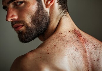 Obraz premium Close-Up Portrait of a Young Man with Skin Imperfections Showcasing Texture and Depth in Natural Light for Health and Wellness Themes