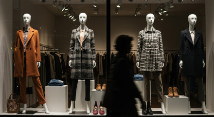 Store window mannequins fashion clothing showcase