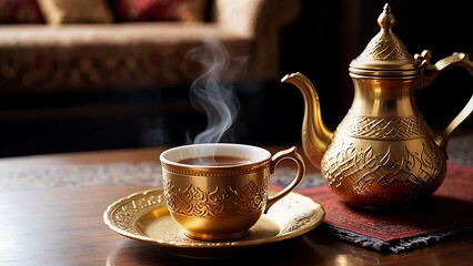 Fototapeta premium Ornate Golden Tea Set: Aromatic Tea in Elegant Cup and Pot