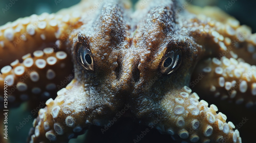 Poster a detailed view of an octopus's face, highlighting its unique features