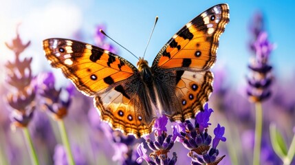 Obraz premium Butterfly hovers gracefully above vibrant lavender field in warm sunlight during spring