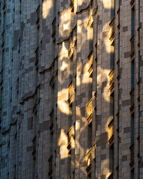 View of modern high-rise skyscrapers with elegant facades and intricate patterns, New York City, United States.