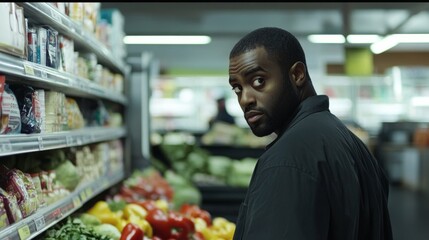 Thief alert at a supermarket, cashier noticing suspicious shopper. Featuring quick response and grocery protection